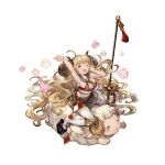  1girl anila_(granblue_fantasy) bell blonde_hair breasts draph full_body granblue_fantasy horns large_breasts long_hair midriff minaba_hideo miniskirt naginata official_art polearm riding sheep sheep_horns skirt smile solo spear stretch thighhighs transparent_background weapon yawning zettai_ryouiki zouri 
