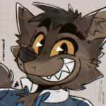  anthro black_eyebrows black_hair black_nose blue_clothing blue_topwear brown_body brown_fur canid canine canis cheek_tuft chest_tuft clothing dreamworks eyebrows facial_tuft fur grey_background grin hair hi_res inner_ear_fluff kaijukoda male mammal mr._wolf_(the_bad_guys) signature simple_background smile solo tan_body tan_fur the_bad_guys topwear tuft wolf yellow_eyes 