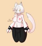  absurd_res anthro breasts clothed clothing domestic_cat ear_piercing felid feline felis female fingerless_gloves fur gloves hair handwear hi_res hoodie hoodie_around_waist mammal nipples piercing simple_background solo sweatpants tfwnocatgirlgf topless topwear watermark white_body white_fur white_hair yellow_eyes 