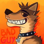  2021 brown_body brown_fur canid canine canis cheek_tuft clothed clothing collar digital_drawing_(artwork) digital_media_(artwork) dreamworks facial_tuft fur gradient_background grin head_tuft hi_res male mammal monochromejones mr._wolf_(the_bad_guys) orange_background simple_background smile solo tan_body tan_fur text the_bad_guys topless tuft wolf yellow_eyes 