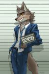  2021 absurd_res anthro bottomwear canid canine canis clothing dreamworks hand_in_pocket hi_res karasumisso looking_at_viewer male mammal mr._wolf_(the_bad_guys) numbered_tag pants pockets police_lineup smile solo station suit teeth the_bad_guys wolf 