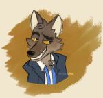  2021 anthro black_nose blue_clothing blue_necktie blue_topwear brown_body brown_fur bust_portrait canid canine canis cheek_tuft clothing digital_media_(artwork) digital_painting_(artwork) facial_tuft fur grin half-closed_eyes head_tuft male mammal mr._wolf_(the_bad_guys) narrowed_eyes necktie portrait shirt signature smile smug solo starsprout tan_body tan_fur the_bad_guys topwear tuft untied_necktie white_clothing white_shirt white_topwear wolf yellow_eyes 
