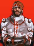  1boy absurdres apex_legends bara black_gloves brown_eyes center_stage_mirage chain crossed_arms gloves goggles goggles_on_head highres himawari_kappa jacket male_focus mirage_(apex_legends) muscular muscular_male official_alternate_costume parted_lips red_background red_hair smile solo upper_body white_jacket 