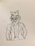  2021 anthro belt bottomwear canid canine canis cheek_tuft clothed clothing dragondragon124 eyewear facial_tuft fully_clothed grin head_tuft hi_res male mammal monochrome mr._wolf_(the_bad_guys) narrowed_eyes pants shirt sketch smile solo sunglasses the_bad_guys topwear traditional_media_(artwork) tuft wolf 