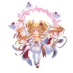  angel_wings animal_ears bird blonde_hair blush boots candle chibi chicken eyebrows_visible_through_hair fake_wings fire granblue_fantasy hair_ornament hair_ribbon harvin hat jewelry long_hair looking_at_viewer mahira_(granblue_fantasy) minaba_hideo official_art red_footwear ribbon simple_background star_(symbol) white_background wings 