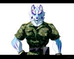  anthro blue_eyes camo camo_clothing camo_print canid canine clothing facial_markings fur head_markings lifewonders live-a-hero male mammal markings military_uniform muscular muscular_anthro muscular_male pattern_clothing sadayoshi septen_trion solo uniform video_games white_body white_fur 