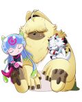  angoramon anthro bandai_namco black_claws blush capnii claws cuddling digimon digimon_(species) digimon_ghost_game female fur gammamon group hair hair_over_eyes hi_res humanoid jellymon male pink_body scarf size_difference sleeping tentacles trio white_body yellow_body yellow_fur 