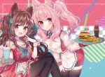  2girls :d absurdres animal_ear_fluff animal_ears apron bangs black_legwear blush braid breasts brown_eyes brown_hair dress eyebrows_visible_through_hair finger_to_cheek food hand_on_own_thigh hand_up highres holding holding_tray kawachi_rin long_hair looking_at_viewer medium_breasts multiple_girls original pink_eyes pink_hair ponytail short_dress simple_background smile thighhighs tongue tongue_out tray two_side_up waitress 
