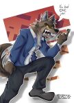  2021 anthro bottomwear canid canine canis clothing dreamworks english_text fist footwear fur hi_res mammal mr._wolf_(the_bad_guys) open_mouth pants plantigrade sharp_teeth shoes simple_background suit teeth text the_bad_guys volktron_(artist) white_background wolf 