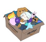  1girl animification blush box chibi closed_eyes highres hukikyo jett_(valorant) parody relaxed simple_background sleeping sleeveless smile solo stuffed_animal stuffed_toy teddy_bear tied_hair valorant vest white_background white_hair 