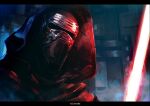  1boy artist_name energy_sword helmet hood k-suwabe kylo_ren letterboxed lightsaber mask realistic red_lightsaber science_fiction sith star_wars sword weapon 