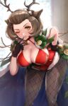 1girl ;d alternate_costume antlers bell bent_over breasts brown_eyes brown_hair christmas cleavage commentary eyeshadow fire_emblem fire_emblem:_three_houses fire_emblem_heroes fishnet_legwear fishnets gloves gonzarez grin highres large_breasts lipstick looking_at_viewer makeup manuela_casagranda mole mole_under_eye official_alternate_costume one_eye_closed orange_eyeshadow orange_lips short_hair smile solo v 