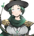  1girl absurdres apex_legends arm_strap armor bangs belt blush breasts earrings emerald_enchantress_wraith green_eyes green_scarf green_skirt grey_belt hat head_tilt highres holding holding_wand jewelry juliet_sleeves long_sleeves looking_at_viewer medium_breasts necklace nessie_(respawn) official_alternate_costume parted_lips pauldrons puffy_sleeves sakuratsuki_(sa_0727_) scarf shoulder_armor skirt solo wand white_background witch witch_hat wraith_(apex_legends) 