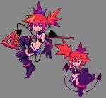  1girl bacun belt black_footwear black_gloves blush boots closed_mouth demon_girl demon_tail demon_wings disgaea earrings elbow_gloves etna fang gloves grey_background highres holding holding_polearm holding_weapon jewelry long_hair navel open_mouth pointy_ears polearm red_eyes red_hair simple_background skull_earrings smile spea tail thigh_boots thighhighs twintails weapon wings 