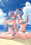  2girls absurdres beach bell bikini blue_hair blue_sky blush breasts cleavage cloud cloudy_sky cowbell day double_bun feet food ganyu_(genshin_impact) genshin_impact hair_bun hand_in_hair highres holding_hands horns ice_cream keqing_(genshin_impact) kneeling large_breasts long_hair looking_at_viewer multiple_girls navel ocean open_mouth purple_eyes purple_hair sky striped striped_bikini swimsuit thighs twintails veca wet yuri 