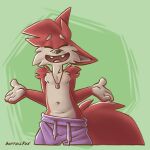  1:1 baggy_clothing baggy_pants big_ears big_tail bottomwear canid canine clothed clothing digital_media_(artwork) eyes_closed fluffy fox fur jewelry loose_pants male mammal navel necklace pants pendant purple_bottomwear purple_clothing purple_pants red_body red_fur shrug smile soft softailfox solo sweatpants tan_body tan_fur toony topless topless_male yoga_pants 