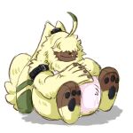 ahoge angoramon anthro bandai_namco belly belt blush digimon digimon_(species) digimon_ghost_game fluffy fur grumpygryphon hair hair_over_eyes hi_res long_ears male neck_tuft overweight pawpads solo tuft yellow_body yellow_fur 