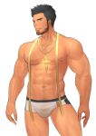 1boy abs arm_hair bara beard black_hair boxer_briefs bulge chest_hair cross cross_necklace dungeon_and_fighter facial_hair feet_out_of_frame hunterkay jewelry large_pectorals leg_hair male_focus male_priest_(dungeon_and_fighter) male_underwear mature_male muscular muscular_male navel navel_hair necklace nipples pectorals priest_(dungeon_and_fighter) short_hair sideburns solo spiked_hair stomach thighs topless_male underwear underwear_only white_male_underwear 