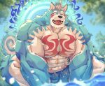  abs anthro asian_mythology blue_body blue_fur bottomwear clothing east_asian_mythology foo_dog fur hi_res japanese_mythology komainu lifewonders male mammal mti777 muscular muscular_anthro muscular_male mythology nipples oguchi_magami_(tas) one_eye_closed pecs shorts swimwear tattoo tokyo_afterschool_summoners tongue tongue_out video_games wink yōkai 