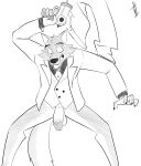  2021 absurd_res anthro bottomless bottomwear canid canine canis cheek_tuft claws clothed clothing digital_drawing_(artwork) digital_media_(artwork) dreamworks facial_tuft fur genitals gun head_tuft hi_res hikaristar_art humanoid_genitalia humanoid_penis male mammal monochrome mr._wolf_(the_bad_guys) necktie pants penis ranged_weapon shirt signature simple_background solo surprise the_bad_guys topwear tuft weapon white_background wolf 