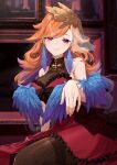  1girl dress earrings eyebrows_visible_through_hair feather_earrings feathers hair_ornament highres hololive hololive_english jewelry long_hair meronpanne nail official_alternate_costume orange_hair outstretched_arm pantyhose pink_eyes red_dress sitting smile solo takanashi_kiara virtual_youtuber wings 