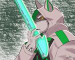  anthro black_and_white_fur canid canine canis claws clothing domestic_dog green_eyes hi_res hoodie husky laser_sword lifewonders live-a-hero male mammal monomasa nordic_sled_dog red_sclera solo spitz supervillain topwear video_games zenon0917 