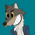  2021 anthro black_nose blue_background blue_clothing blue_topwear canid canine canis cheek_tuft clothed clothing digital_drawing_(artwork) digital_media_(artwork) facial_tuft fangs fur grey_body grey_fur grin happy_tgd head_tuft hi_res male mammal mr._wolf_(the_bad_guys) open_clothing open_topwear simple_background smile solo the_bad_guys topwear tuft wolf yellow_eyes 