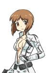  1girl absurdres bodysuit brown_eyes brown_hair cosplay dozumiiru game_console girls_und_panzer gun handgun highres knife long_sleeves looking_at_viewer metal_gear_(series) metal_gear_solid metal_gear_solid_3 military nishizumi_miho pistol playstation_2 pouch scar scar_on_chest short_hair standing tactical_clothes the_boss the_boss_(cosplay) weapon white_bodysuit 