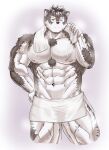  1boy 816_(816_gray) abs absurdres animal_ears bara chest_hair cross_scar feet_out_of_frame furry furry_male grey_fur grey_hair highres horkeu_kamui large_pectorals male_focus multicolored_hair muscular muscular_male naked_towel navel nipples no_headwear official_alternate_costume pectorals scar scar_on_chest short_hair silver_hair small_head solo standing stomach tail thick_thighs thighs tokyo_afterschool_summoners topless_male towel towel_around_neck two-tone_fur two-tone_hair wet wolf_boy wolf_ears wolf_tail yellow_eyes 