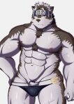  1boy abs ainu_clothes animal_ears bara black_swimsuit bulge chest_hair cowboy_shot furry furry_male grey_fur grey_hair groin hand_on_hip headband highres horkeu_kamui kawara_gawara large_pectorals looking_to_the_side male_focus multicolored_hair muscular muscular_male navel nipples pectorals scar scar_on_chest scar_on_leg short_hair silver_hair skindentation solo standing stomach swimsuit tail thick_thighs thighs tokyo_afterschool_summoners topless_male two-tone_fur two-tone_hair unconventional_male_swimwear wolf_boy wolf_ears wolf_tail yellow_eyes 
