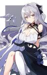  1girl bangs bennett_(genshin_impact) breasts bronya_zaychik bronya_zaychik_(silver_wing) closed_mouth crossed_bangs exion_(neon) eyebrows_visible_through_hair grey_eyes grey_hair hair_ornament highres honkai_(series) honkai_impact_3rd large_breasts long_hair looking_at_viewer sitting solo tied_hair 