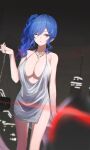  1girl azur_lane bag bangs bare_shoulders blue_hair blurry blurry_foreground breasts commentary dress eyebrows_visible_through_hair glint gnns gradient_hair hair_between_eyes hair_ornament handbag highres holding holding_bag jewelry large_breasts lipstick looking_at_viewer makeup multicolored_hair necklace night night_sky no_bra official_alternate_costume one_eye_closed outdoors side_ponytail silver_dress sky sleeveless sleeveless_dress solo st._louis_(azur_lane) st._louis_(luxurious_wheels)_(azur_lane) standing thighs 