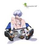  1girl absurdres ayanami_rei blue_hair blush bra breasts cassette_player earbuds earphones evangelion:_3.0_you_can_(not)_redo highres kneehighs looking_at_viewer navel neon_genesis_evangelion panties panty_pull rebuild_of_evangelion red_eyes shoes short_hair sitting sneakers solo tizibade underwear wet wet_hair white_bra white_legwear white_panties 