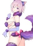  1girl absurdres animal_ears ass bangs bare_shoulders bow breasts commentary elbow_gloves fate/grand_order fate_(series) fur-trimmed_gloves fur-trimmed_legwear fur_collar fur_trim gloves hair_over_one_eye highres lace-trimmed_legwear lace_trim large_breasts light_purple_hair looking_at_viewer mash_kyrielight mash_kyrielight_(dangerous_beast) o-ring open_mouth oxygen_mask_(oxygenmask233) purple_eyes purple_gloves purple_legwear revealing_clothes short_hair solo tail wolf_ears wolf_tail 