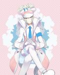  1boy blue_necktie blush chair closed_mouth coat collared_shirt commentary_request crossed_legs dabu_(dabuchan) emmet_(pokemon) flower gloves grey_eyes grey_hair hat looking_at_viewer male_focus necktie open_clothes open_coat pants pokemon pokemon_(game) pokemon_bw shirt shoes short_hair sideburns sitting smile solo veil white_coat white_footwear white_gloves white_headwear white_pants white_shirt 