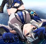  1girl b-shi blue_gloves blue_hair blue_necktie blush breasts eula_(genshin_impact) genshin_impact gloves hairband large_breasts long_sleeves looking_at_viewer lying necktie on_back smile thigh_strap thighhighs thighs vambraces vision_(genshin_impact) water wet 