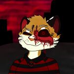  anthro blood blood_on_face bodily_fluids city clothing cracked_skin cyberrodrigo darkness felid feline gore hi_res leopardus male mammal monster ocelot red_sky rodrigo_(cyberrodrigo) sky solo wounded 