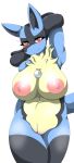  anthro big_breasts black_body black_fur blue_body blue_fur blush breasts female fluffy fluffy_tail fur genitals hi_res looking_at_viewer lucario mellonsoda multicolored_body multicolored_fur nintendo nipples pok&eacute;mon pok&eacute;mon_(species) pussy red_eyes simple_background smile solo video_games white_background yellow_body yellow_fur 