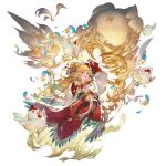  1girl animal_ears bandeau bangs bare_shoulders bird blonde_hair boots breasts cape chibi chicken earrings eyebrows_visible_through_hair feathers flying granblue_fantasy hair_ornament harvin head_on_hand jewelry knee_boots long_hair looking_at_viewer mahira_(granblue_fantasy) minaba_hideo official_art red_eyes simple_background sitting small_breasts thighhighs uppercut wide_sleeves 