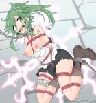  1girl absurdres arms_behind_back ball_gag bdsm bondage boots bound breasts breasts_outside chain chained collar duel_monster fingerless_gloves gag gagged gloves green_eyes green_hair highres medium_breasts metal_collar nipples ponytail rioreori rope saliva shibari shibari_over_clothes shorts thighlet torn_clothes winda_priestess_of_gusto yu-gi-oh! 