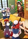  6+girls animal_costume barefoot black_hair blonde_hair blue_hair blue_sailor_collar blue_skirt chikuma_(kancolle) child_drawing christmas_tree closed_eyes couch etorofu_(kancolle) fake_facial_hair fake_mustache gloves gradient_hair hat kantai_collection katsuobushi_(eba_games) long_hair long_sleeves matsuwa_(kancolle) multicolored_hair multiple_girls pleated_skirt purple_hair red_eyes red_hair reindeer_costume sado_(kancolle) sailor_collar sailor_hat santa_claus santa_hat school_uniform serafuku short_hair skirt sleeping tone_(kancolle) tsushima_(kancolle) undershirt white_gloves white_headwear window 