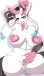  anthro big_breasts blue_eyes blush bodily_fluids breasts chubby_female clothed clothing cum cum_in_pussy cum_inside eeveelution female fluffy fluffy_tail fur genital_fluids genitals hi_res looking_at_viewer mellonsoda multicolored_body multicolored_fur nintendo nipples open_mouth open_smile partially_clothed pink_body pink_fur pok&eacute;mon pok&eacute;mon_(species) pussy simple_background smile solo spread_pussy spreading sylveon tongue tongue_out video_games white_background white_body white_fur 