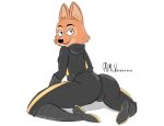  absurd_res bending bent_over butt canid canine clothing diane_foxington dreamworks eyewear female fox guide_lines hi_res looking_at_viewer looking_back mammal mr_valentine00 rubber rubber_clothing rubber_suit simple_background sketch solo suit the_bad_guys tight_clothing tight_fit 