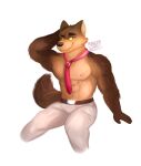  2021 abs anthro belt bottomwear brown_belt brown_body brown_fur canid canine canis cheek_tuft clothed clothing dreamworks facial_tuft fur hand_behind_head head_tuft hi_res male mammal mangowinds mr._wolf_(the_bad_guys) necktie pants pink_necktie signature simple_background sitting smile solo tan_body tan_fur the_bad_guys topless tuft white_background white_bottomwear white_clothing white_pants wolf yellow_eyes 