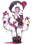  1girl alternate_costume artist_logo bat_wings black_flower black_headwear black_legwear black_rose closed_mouth cup dress earrings flower full_body hat highres holding holding_cup ideolo jewelry pantyhose pointy_ears puffy_short_sleeves puffy_sleeves purple_hair red_eyes red_flower red_rose remilia_scarlet rose short_hair short_sleeves smile solo touhou white_background white_dress wings 