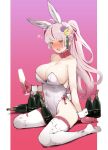  1girl :d animal_ears bangs bare_shoulders blunt_bangs blush bottle breasts buisen champagne_flute cleavage cup drinking_glass eyebrows_visible_through_hair fake_animal_ears gloves highres kagatsuji_soyori large_breasts long_hair looking_at_viewer pink_hair playboy_bunny ponytail purple_eyes purple_gloves rabbit_ears red_hair sitting smile solo suruga_kreuz thighhighs virtual_youtuber wariza white_legwear wrist_cuffs 