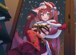  1girl animal_ears armpits breasts capelet christmas christmas_tree cleavage commission elbow_gloves feet fox_ears fox_girl fox_tail fur-trimmed_capelet fur_trim gloves green_ribbon hand_up hat highres holding large_breasts long_hair looking_at_viewer miniskirt no_shoes open_mouth original red_gloves red_hair red_headwear red_legwear red_skirt ribbon ribbon_bra sack santa_hat skirt snowing solo sweatdrop tail thighhighs twintails very_long_hair wide-eyed ybee yellow_eyes 