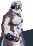  1boy abs ainu_clothes animal_ears bara bulge chest_hair feet_out_of_frame from_side furry furry_male grey_fur grey_hair headband horkeu_kamui kawara_gawara large_pectorals male_focus male_pubic_hair multicolored_hair muscular muscular_male navel nipples pectorals pelvic_curtain pubic_hair short_hair silver_hair solo stomach tail thick_thighs thighs tokyo_afterschool_summoners topless_male two-tone_fur two-tone_hair vambraces wolf_boy wolf_ears wolf_tail yellow_eyes 