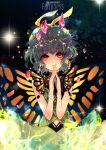  1girl antennae aqua_hair artist_name butterfly_wings closed_mouth dress earrings eternity_larva fairy green_dress jewelry leaf leaf_on_head looking_at_viewer mochinue multicolored_clothes multicolored_dress orange_eyes short_hair signature smile solo touhou wings 