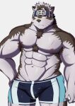  1boy abs ainu_clothes alternate_costume animal_ears bara blue_male_swimwear bulge chest_hair cowboy_shot furry furry_male grey_fur grey_hair groin hand_on_hip headband highres horkeu_kamui kawara_gawara large_pectorals looking_to_the_side male_focus male_swimwear multicolored_hair muscular muscular_male navel nipples pectorals scar scar_on_chest scar_on_leg short_hair silver_hair skindentation solo standing stomach swim_briefs swimsuit tail thick_thighs thighs tokyo_afterschool_summoners topless_male two-tone_fur two-tone_hair wolf_boy wolf_ears wolf_tail yellow_eyes 